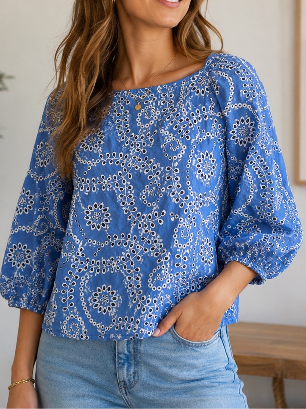 RW&CO Blue Eyelet Embroidered Puff Sleeve Cotton Blouse XS